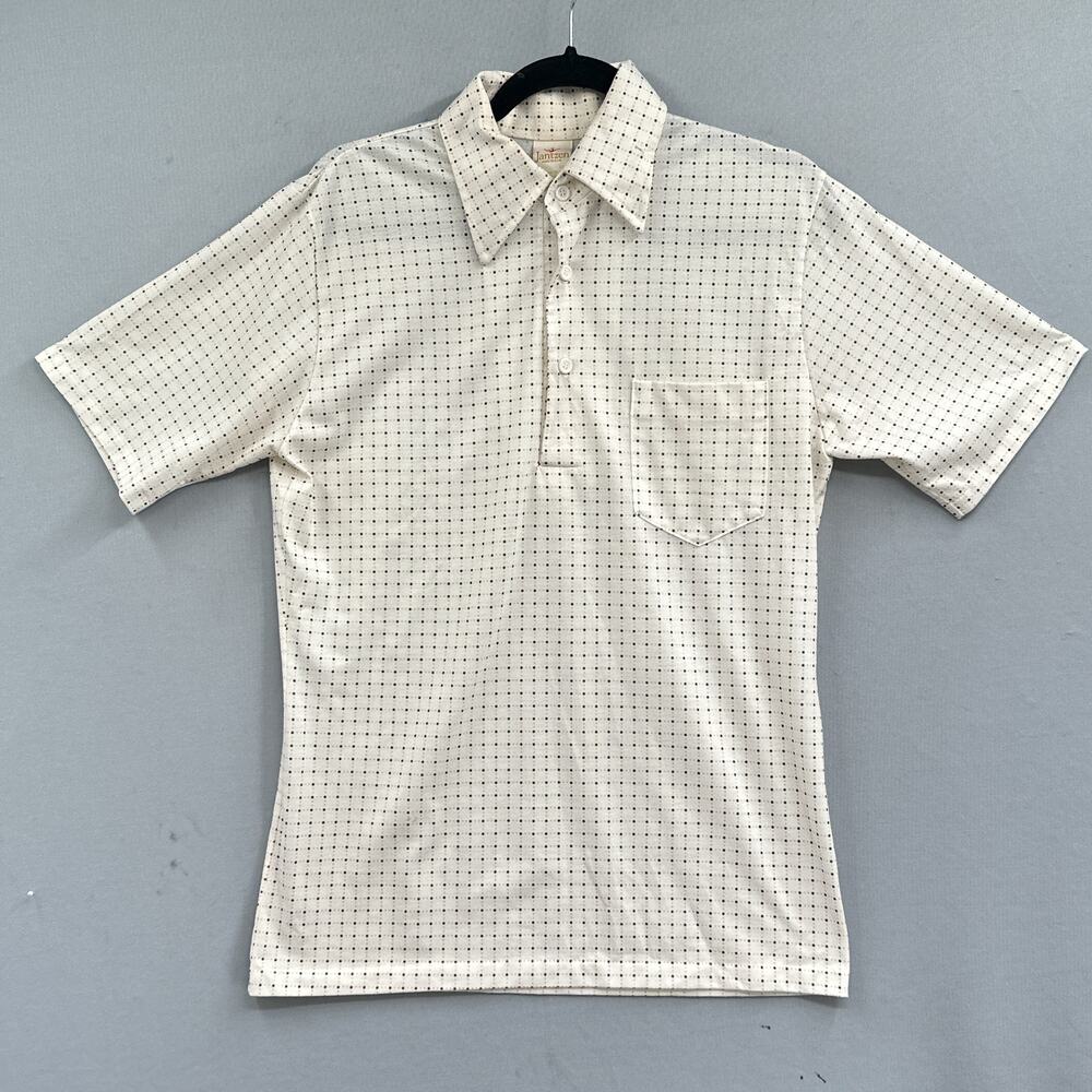 VTG 70 Jantzen Polo Shirt Men M Polka Dot White Retro Hipster Preppy Leisure USA